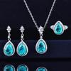 Elegant Women Jewelry Set Imitation Paraiba Open Ring with Full Diamonds Gemstone Earrings Necklace
