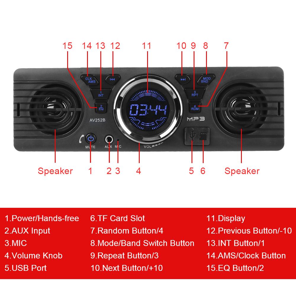 Eingebaute 2 Lautsprecher Telefonladefunktion 1-DIN Bluetooth Freisprecheinrichtung Autoradio MP3-Player Autoradio FM Audio AUX-Eingang Digitaluhr USB TF-Karte