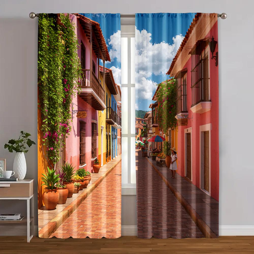 

Vintage Scene Curtain Mexican Street View Protecting Privacy Holiday Decorations Use Various Room Decor Aesthetic Polyester W100*H70(CM)-Rod Pocket&2PCS