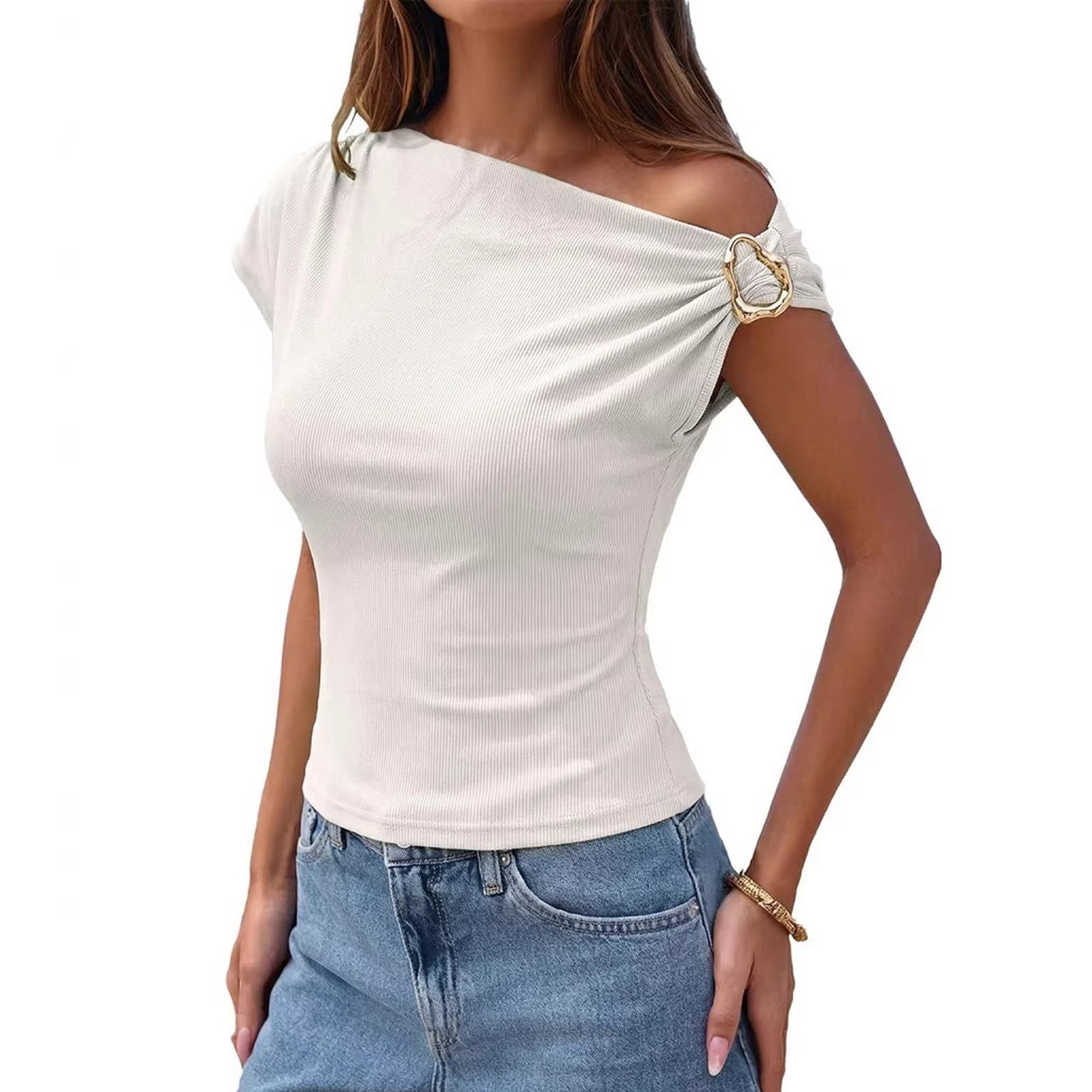 

Women s Casual Fashion T-shirt, Slim-fitting, Asymmetric, Off-shoulder, Metal Button Top M білий