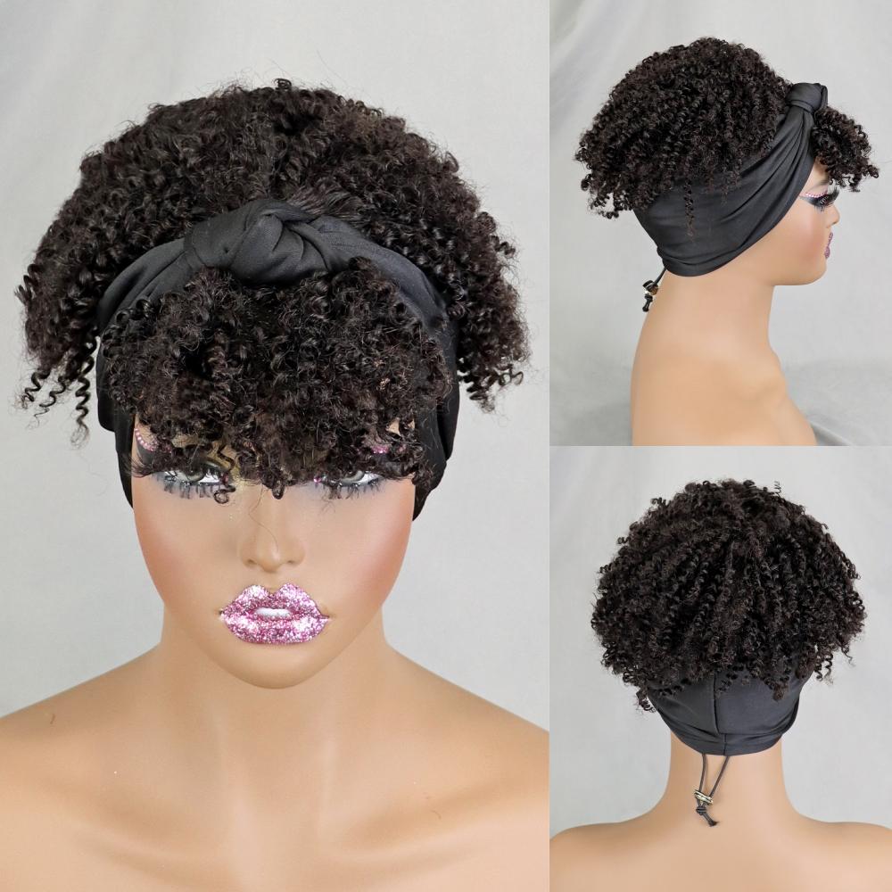 Highlight 1BT30 Afro Kinky Curly Scarf Wig with Bangs Machine Made Wig Curly 100% Human Hair Wig Headband for Black Women (Black,6 INCHES&None Lace) чёрный