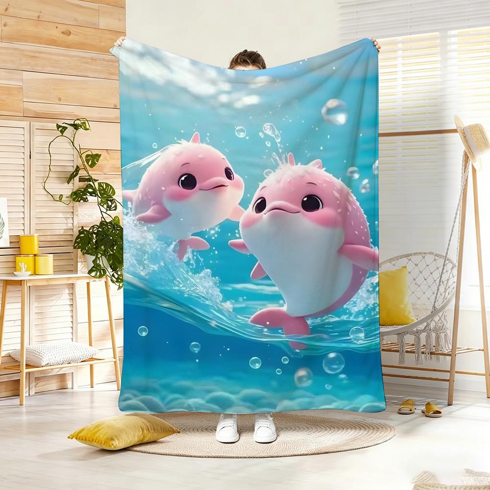 Fantasy Color Cute Dolphin Throw Lightweight 240g Flannel Blanket Soft Skin-friendly for Summer Cooling