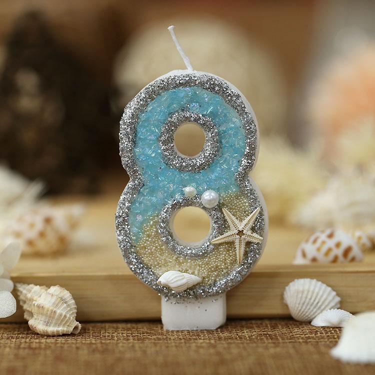 0-9 Digital Glitter Candles Summer Beach Starfish Birthday Cake Decoration Number Mermaid Ocean Themed Party Cake Decor Supplies