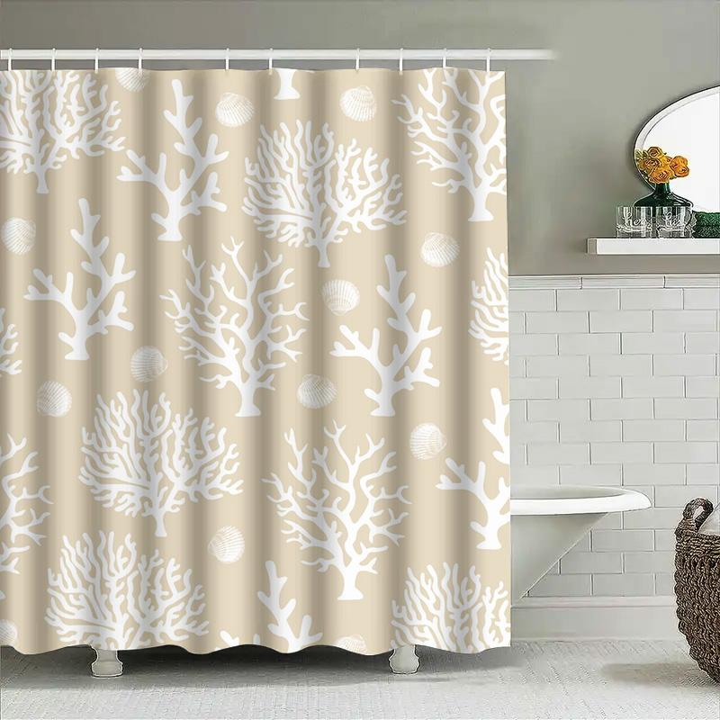 Corals Printed Shower Curtain White Coral Reef Pattern Bathroom Decoration Waterproof Fabric Shower Panel Liner Beige Color (180