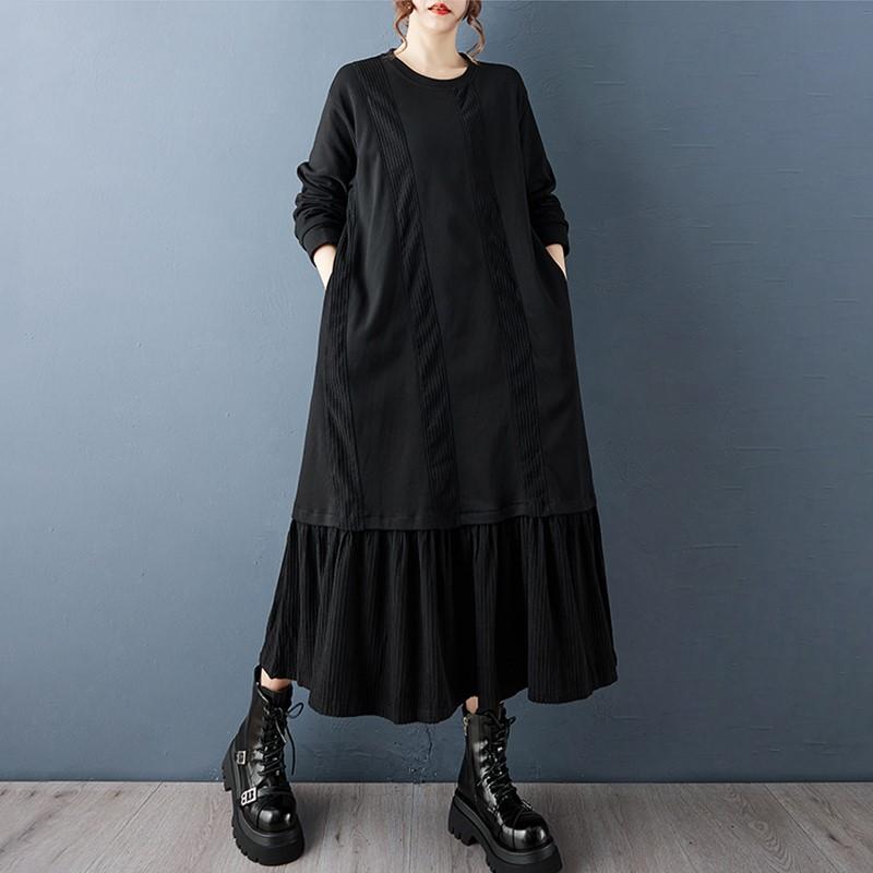 Long Sleeve Plus Size Black Cotton Vintage New In Dresses for Women Spring Autumn Casual Loose Dress