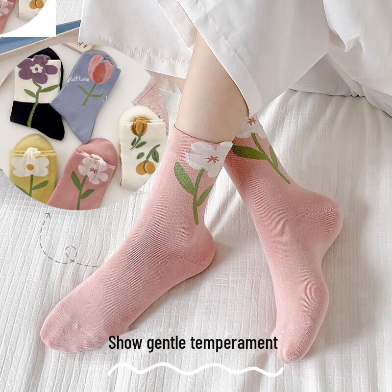 Șosete de Modă pentru Femei cu Tub Mediu Florale de Primăvară și Toamnă - Versatile, Drăguțe, Șosete Lungi Stil Japonez