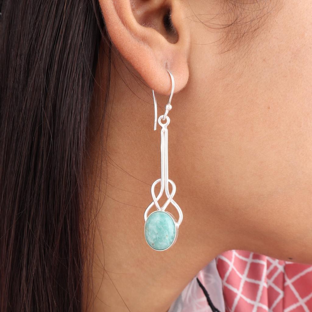 Amazonite Gemstone 925 Sterling Silver Jewelry Handmade Earrings 1.76" For Women EE-171-30