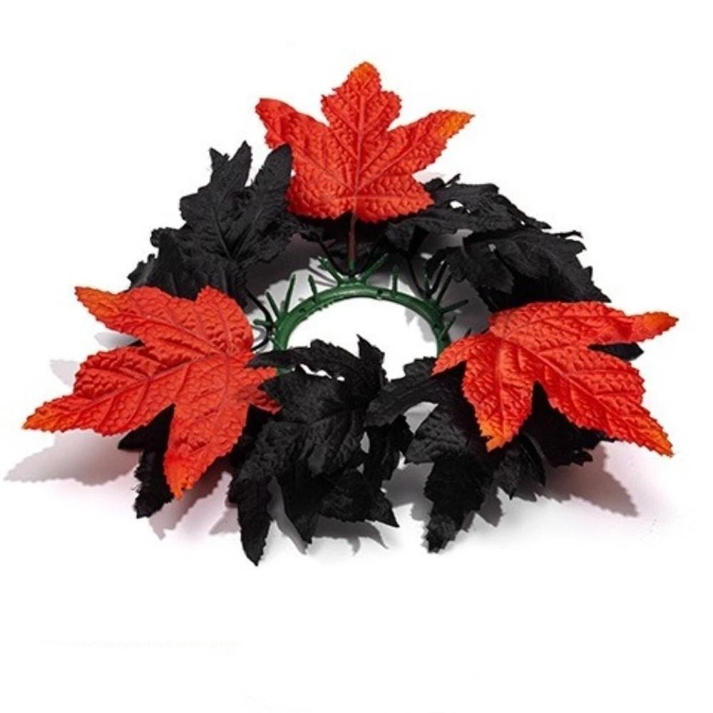 Halloween Theme Maple Leaf Candle Holder Wreath Festive Handmade Black Halloween Wreath Candlestick Wreath