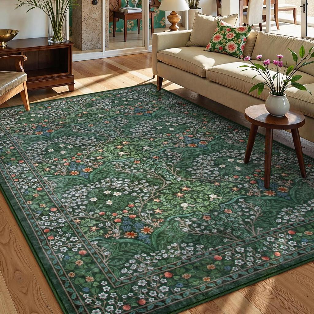 Crystal Velvet Carpet Floral Dark Green Area Rugs , Soft Washable Rugs for Living Room Bedroom, Boho Non Slip Low Pile