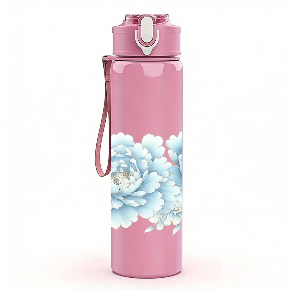 1PC White Peony Floral Pattern 750ml Color Plastic Sports Water Bottle Leakproof Flip Straw Lid Suitable for Sports Office Home Use