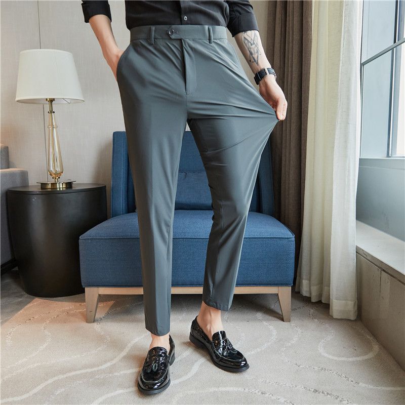 Fashion Men Slim Fit Dark Gray Smart Casual Suit Pants Spring Summer New Ice Silk High Elasticity Business Cropped Trousers