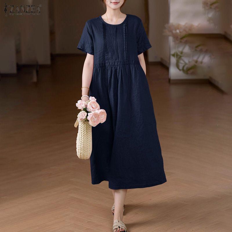 ZANZEA Damska luźna sukienka z krótkim rękawem i okrągłym dekoltem w jednolitym kolorze