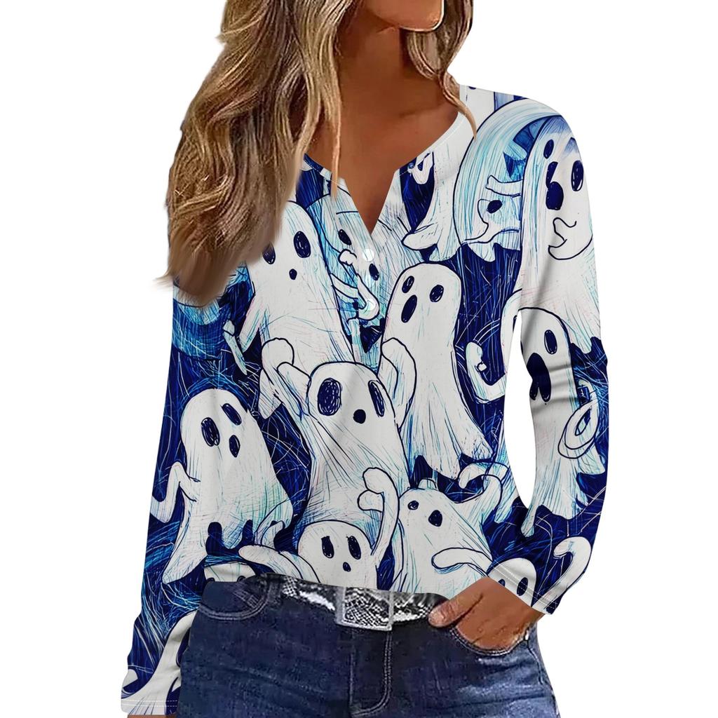Women's Fashion Casual Halloween Printed V-Neck Button Trim Long Sleeve T-Shirt Top