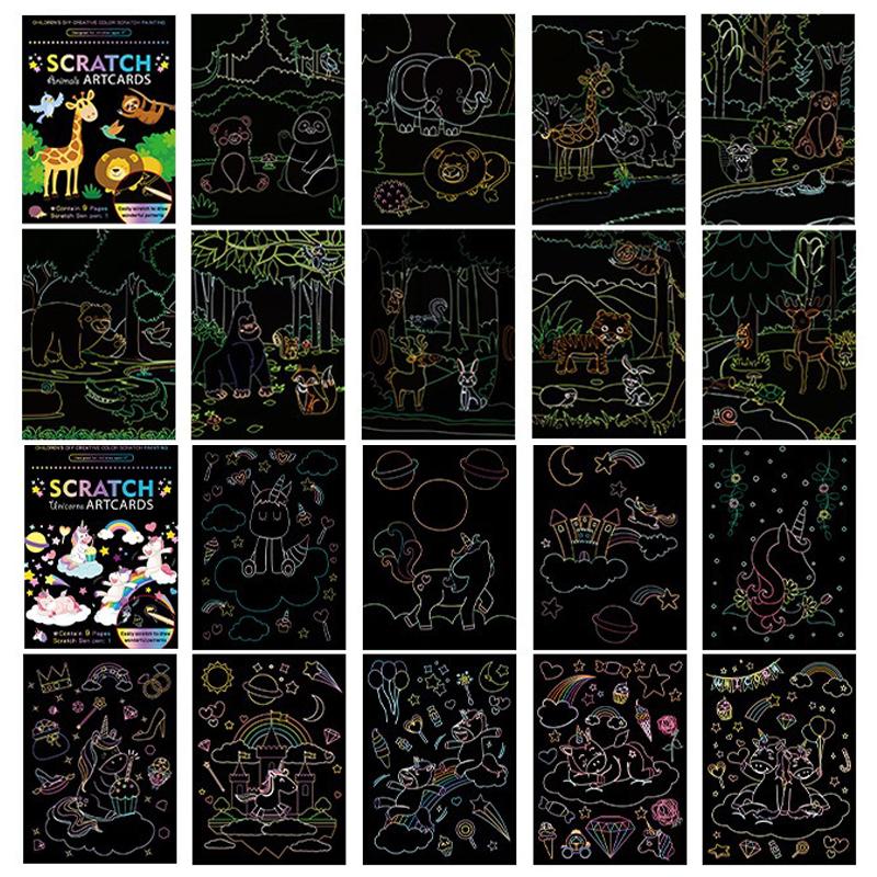 18 PCS Scratch Painting Papers Magic Rainbow Colored Drawing Set Space Animal Ocean Pirate Bamboo Stick Gifts for Boys Girls ZYF