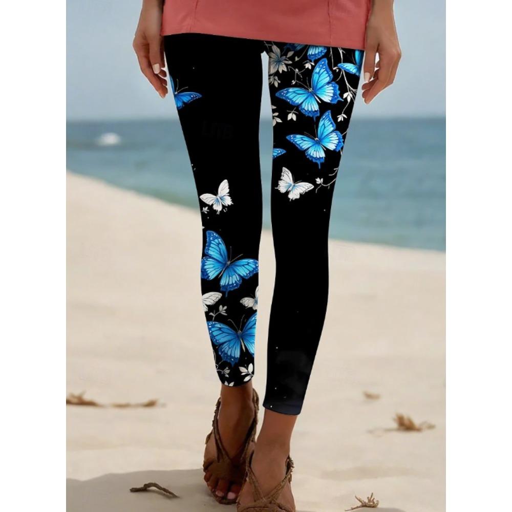 Damen Leggings Vintage Mode Lässig Knöchellang Hoher Bund Aquarell Blumenmuster Druck Thermisch Warm Weich Atmungsaktiv Mikro-elastisch