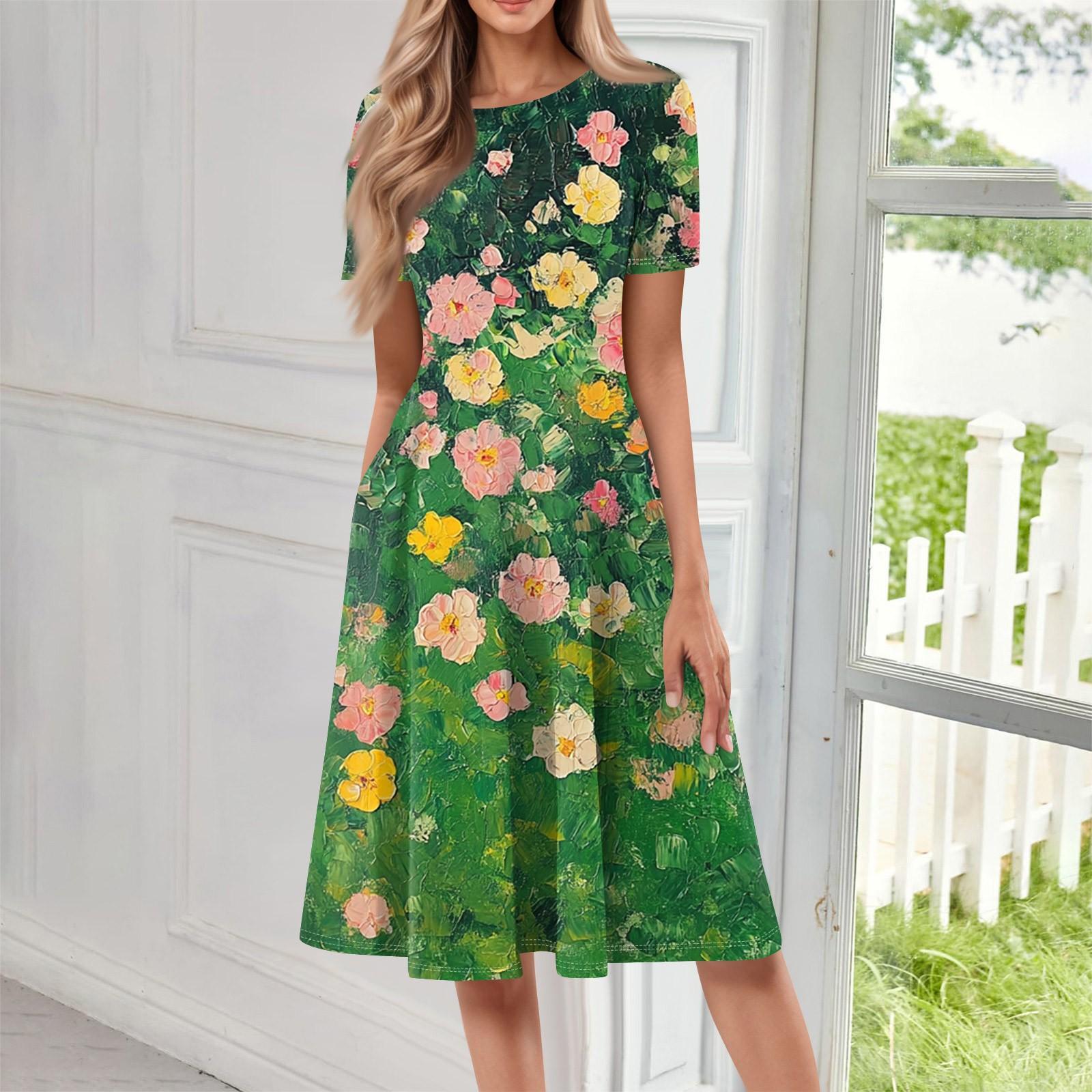 

Женское свободное повседневное и модное платье с круглым вырезом и короткими рукавами, средней длины с принтом XXXL