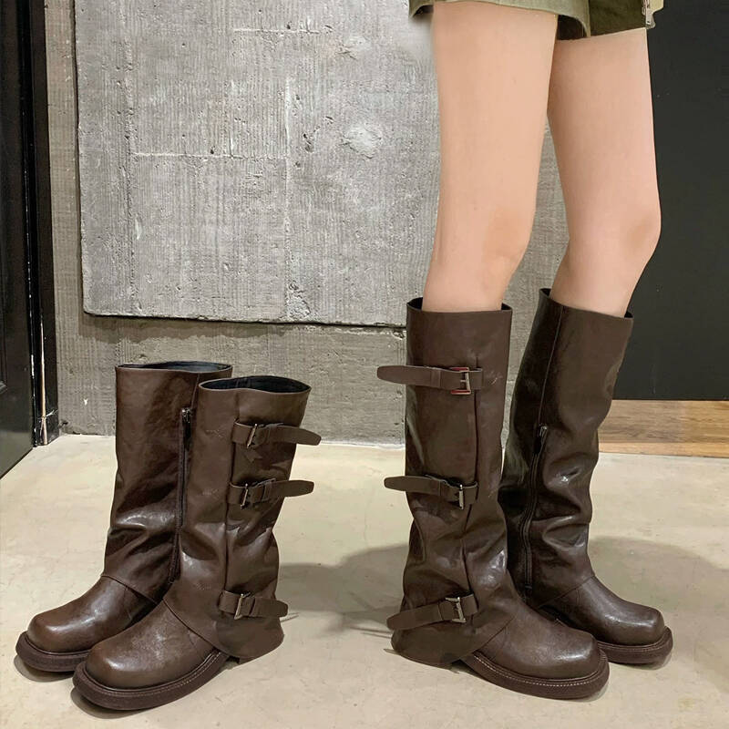 Grape mother two versions of height increase fashionable new belt buckle square round head fold medium tube knight boots boots women's autumn