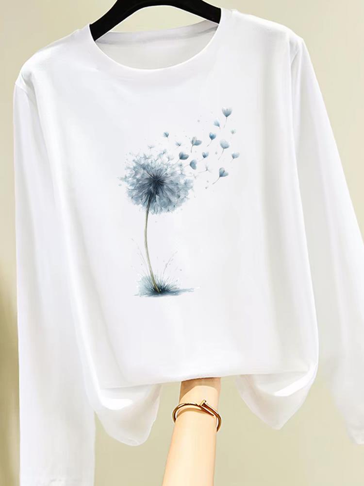 (Asian Size) Sweet Beach Trend Cute Print T Shirt Women Clothing Tee Autumn Winter Spring Casual Fashion Top O-neck Graphic Long Sleeve T-shirts