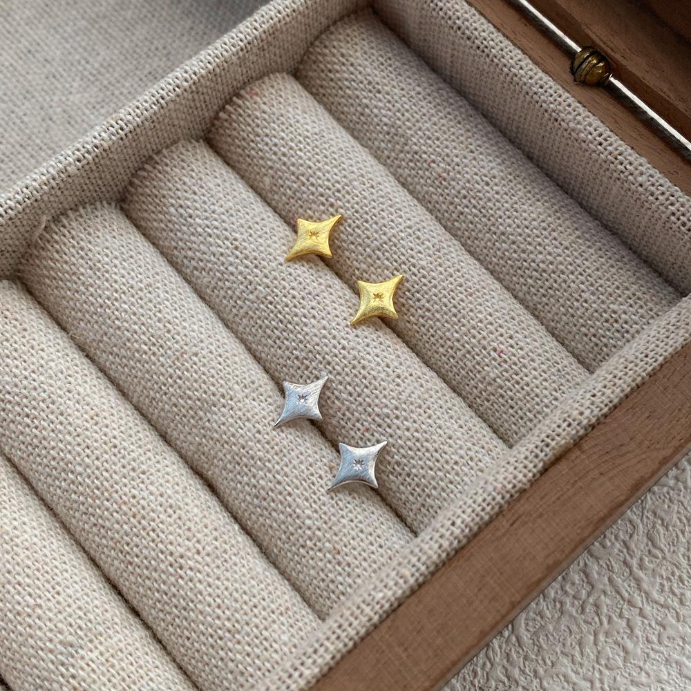 S999 Sterling Silver Frosted Brushed Four-Pointed Star Stud Earrings - Women s Niche Design, Elegant Temperament, High-End Cartilage Ear Studs. Pure Silver
