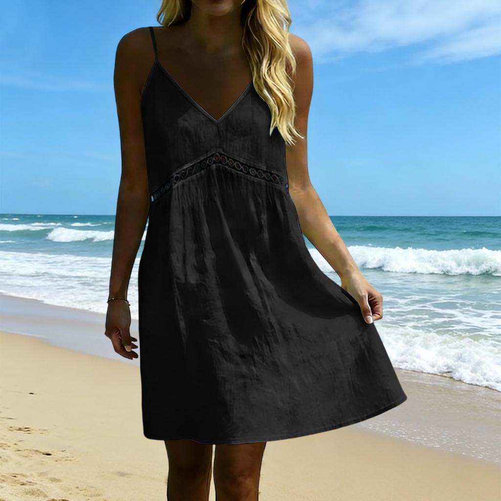 Women's Casual Spaghetti Strap V Neck Hollow Out Dress Summer Lightweight Loose Fit Sleeveless Mini Dress for Outdoor Daily Wear