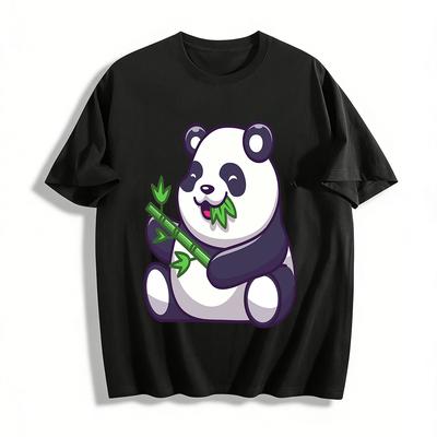 Cartoon Panda Holding Bamboo Graphic Casual T-Shirt Pure Cotton T-shirt