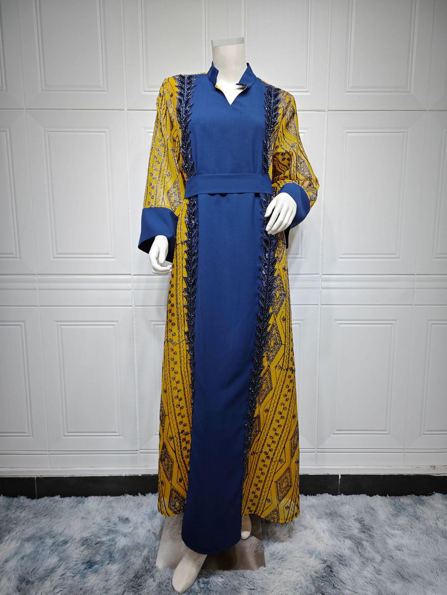 

AB378 2024 Dubai Color Block Mesh & Sequin Embroidered Muslim Dress with Belt XL