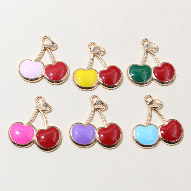 20pcs 22x20mm Enamel Cherries Charms Pendant Fruit Cherry Alloy Craft DIY Jewelry Making Accessories for Earrings Necklace