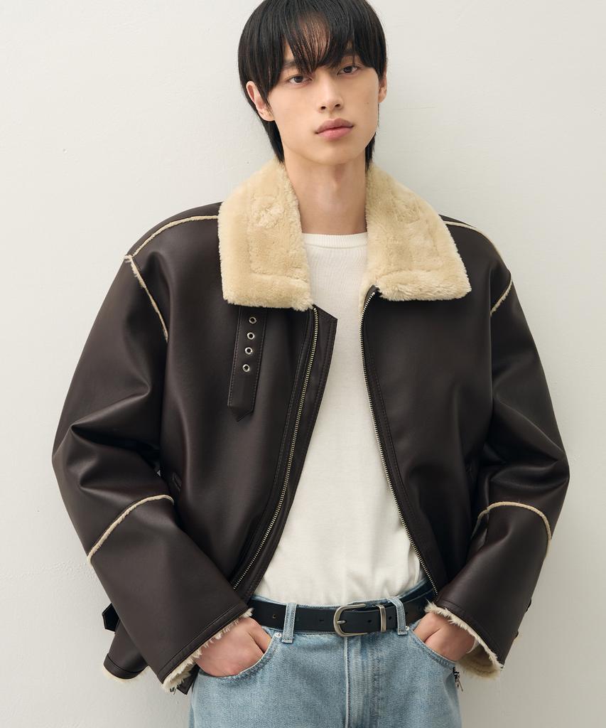 Draw Fit Oversized Line Shearling Jacket [Brown]