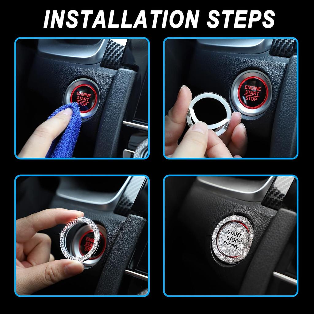 TOMALL Bling Car Engine Start Button Cover Diamond Crystal Push Start Ring Sticker Sparkly Accessories Ignition Button Rhinestone Emblem Decorations
