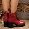 Fashion Fashion High Heel Boots Women's Round Toe Metal Buckle Side Zip Front Lace-Up Platform Non-Slip Shorthole Boots