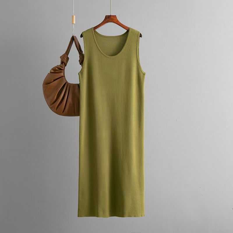 

Fashion Style New Arrival Knitting round Neck Sleeveless Dress Base Skirt Solid Color Knitted Dress Olive color One size