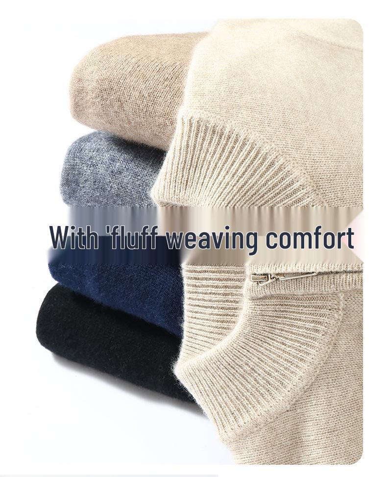 Men's Cashmere Knit Zipper Sweater - Solid Color, Loose Fit, Half-High Collar, Autumn/Winter Collection