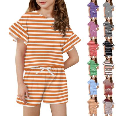 Girls' Summer Outfit Ruffle Sleeve Top And Shorts Clothing Set Lightweight Casual Two Piece