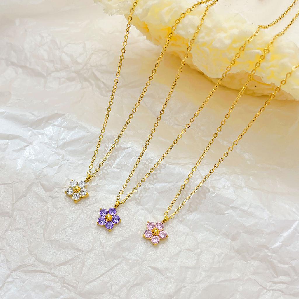 Fashion Sweet Non-tarnish 18K Gold Plated Stainless Steel Cute Zircon Flower Pendant Necklace for Women Girls Daily Gift