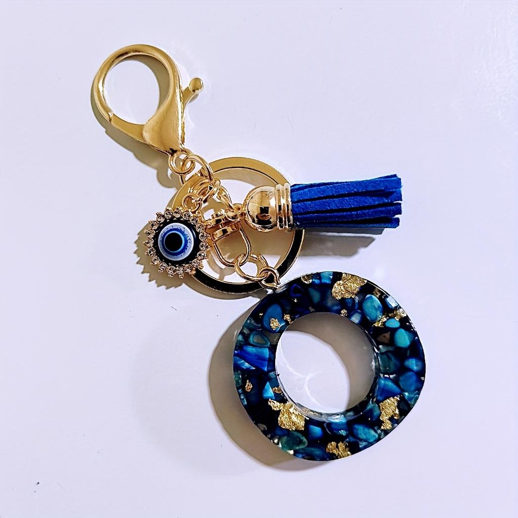 Blue Resin Initial Keychain - Evil Eye Letter Charm with Rhinestones & Tassel, Stylish Gift for Women, Lobster Clasp Accessory