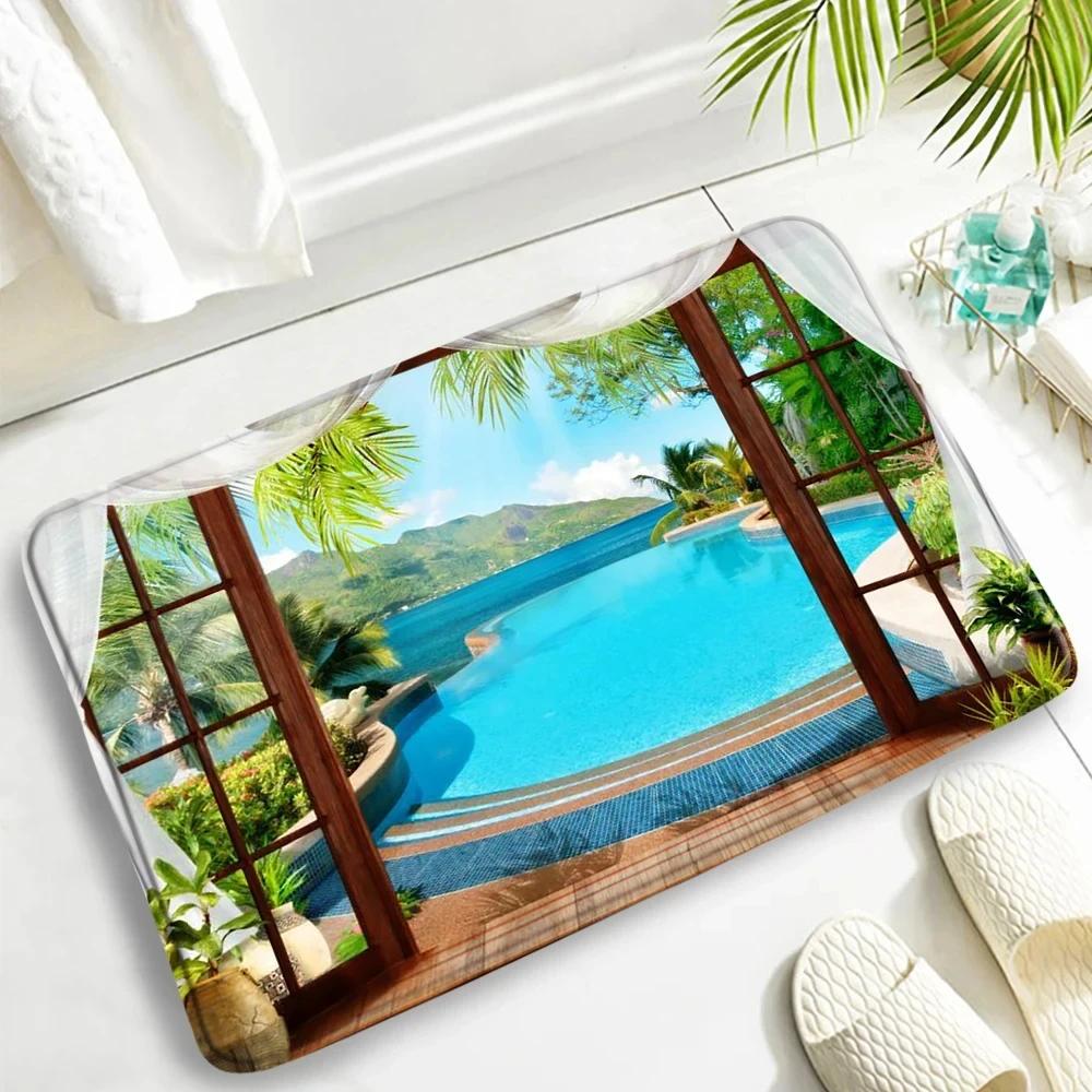 Summer Ocean Beach Carpet Hawaii Island Palm Trees Nature Scenery Bathroom Rug Non-slip Entrance Doormat for Living Room Decor
