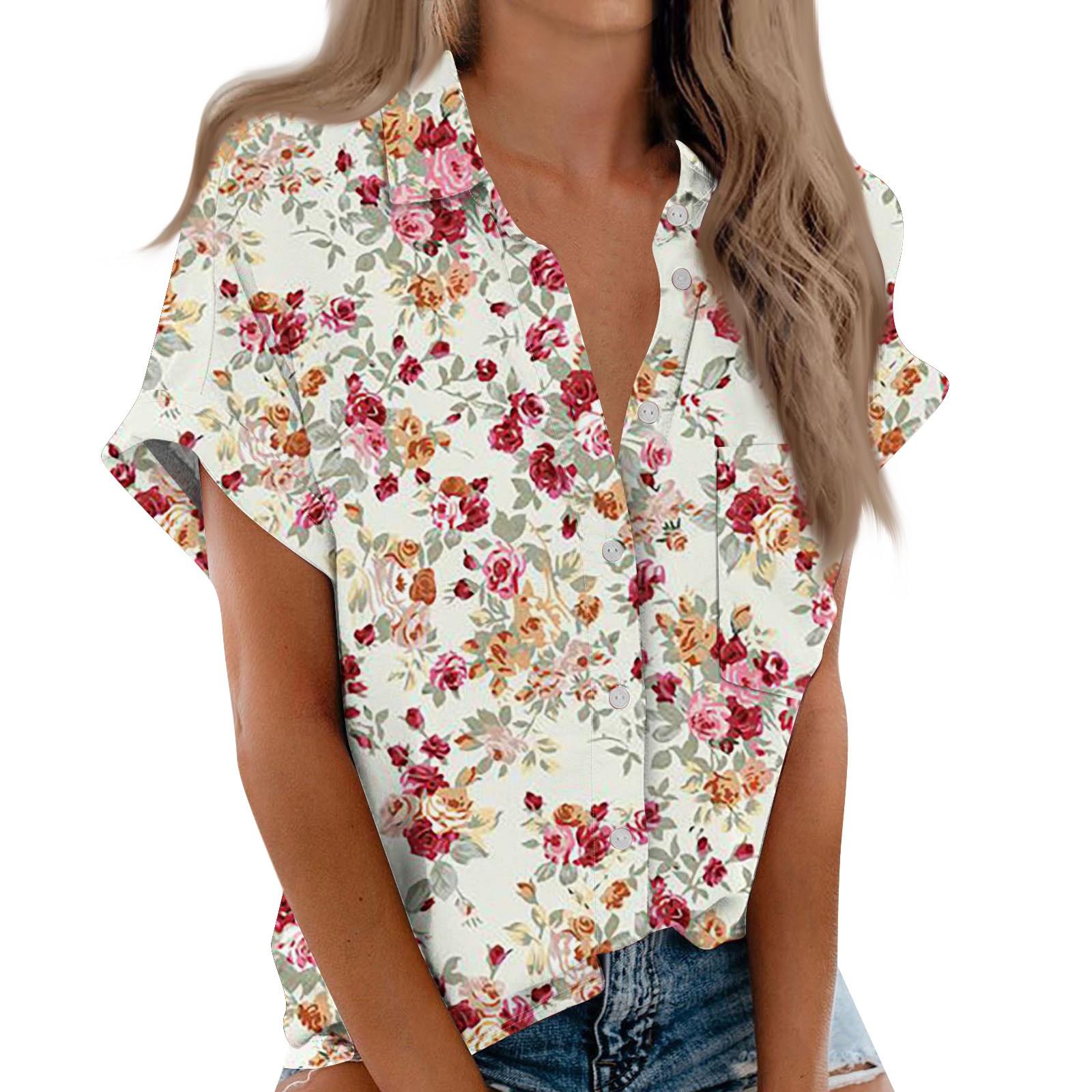 

Женская рубашка с короткими рукавами, повседневный модный топ на пуговицах с принтом, кардиган с нагрудным карманом XL красный