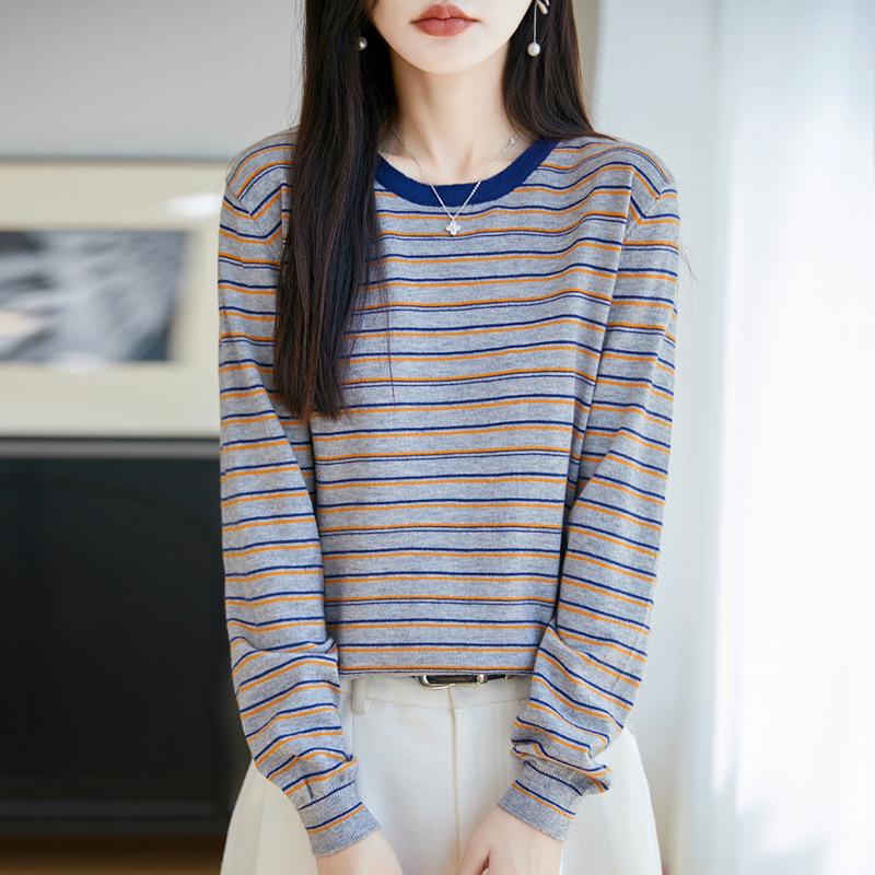 Women's Striped Knit Pullover: Round Neck, Long Sleeve Sweater for Autumn 2026