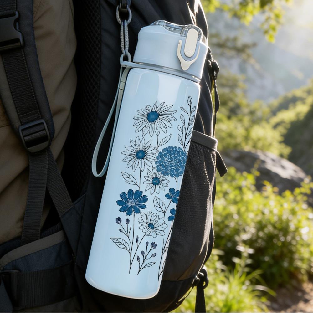 1PC Blue Tone Floral Arrangement 750ml Color Plastic Sports Water Bottle Leakproof Flip Straw Lid Suitable for Sports Office Home Use