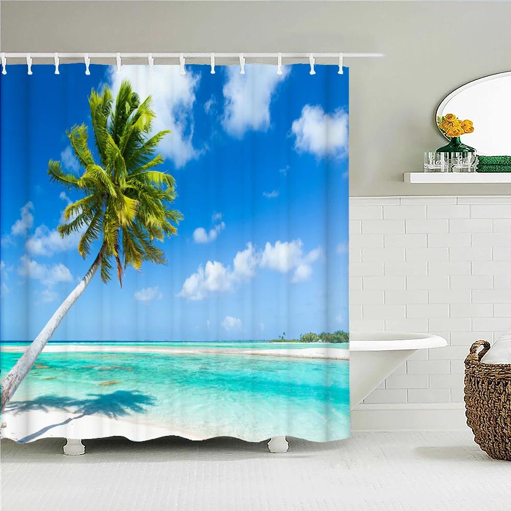 Ocean Sunrise Shower Curtain Summer Beach Tropical Palm Tree Hawaiian Sunset Coastal Scenery Sea Wave Bath Curtain With Hooks