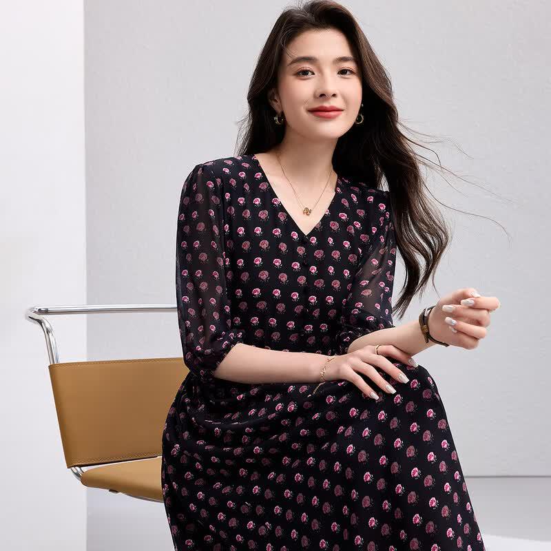 Women s Black Floral V-Neck A-Line Midi Dress L