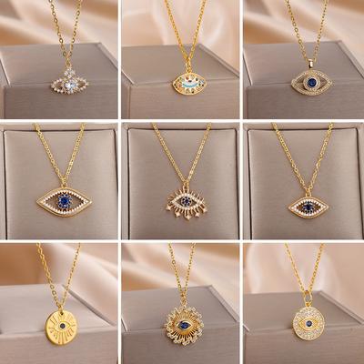 Evil Eye Necklace for Women Stainless Steel Chain Blue Main Stone Pendant Necklaces Vintage Turkish Eye Jewelry Gift