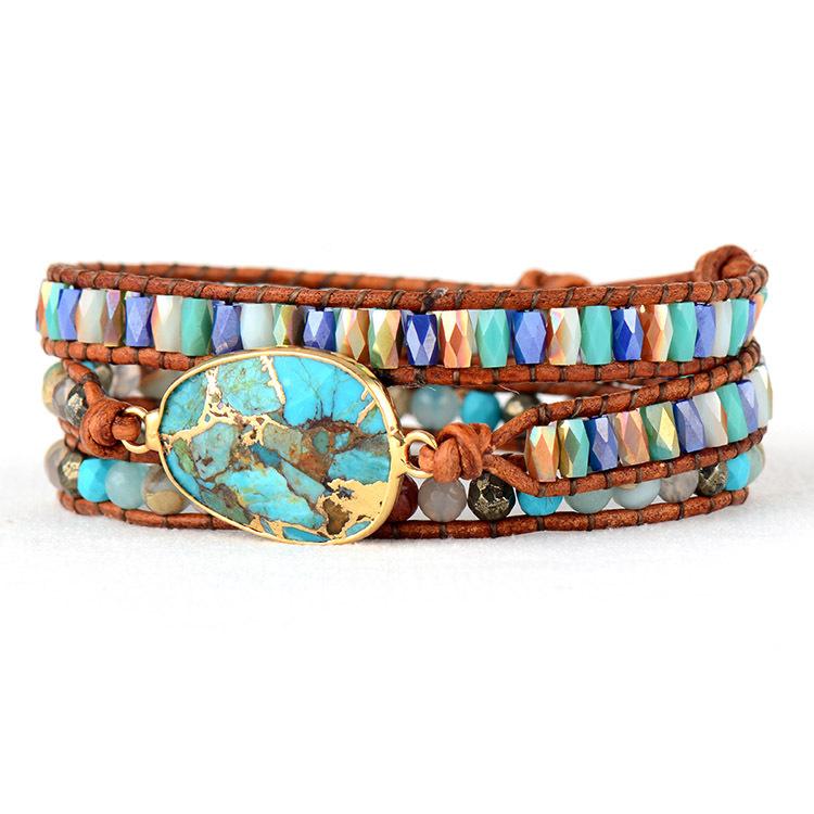 Luxury Cross Mirror Hot Sale Egg-Shaped Turquoise Bracelet Crystal Beads Fashion Retro Cowhide Handwoven Bracelet