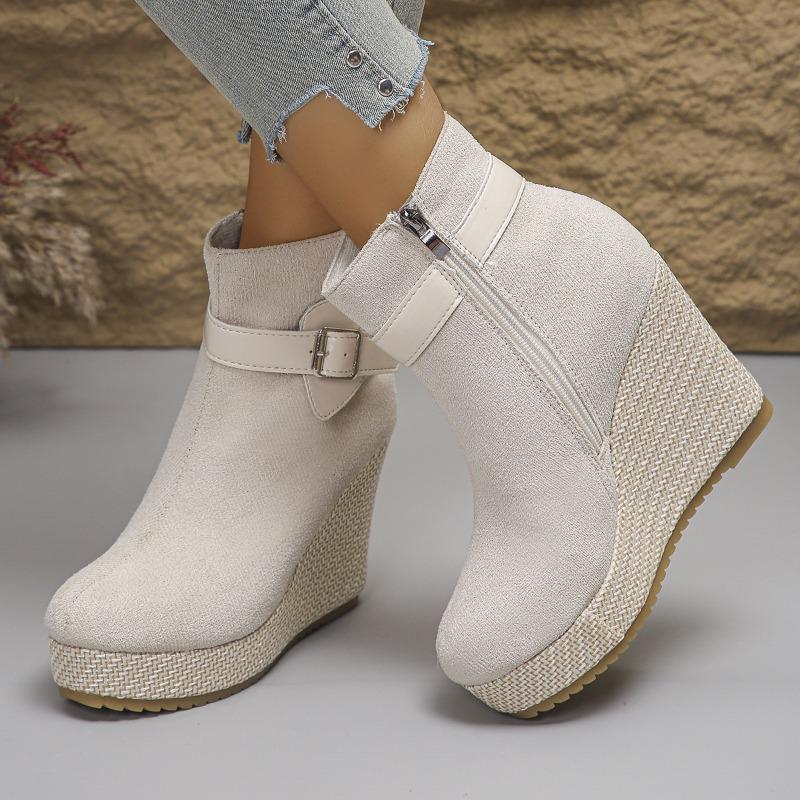 Bottes Courtes Fashion Plateformes Épaisses Automne pour Femmes, Fermeture Éclair Latérale, Boucle de Ceinture, Style Compensé Daim, Disponibles En Grandes Tailles.