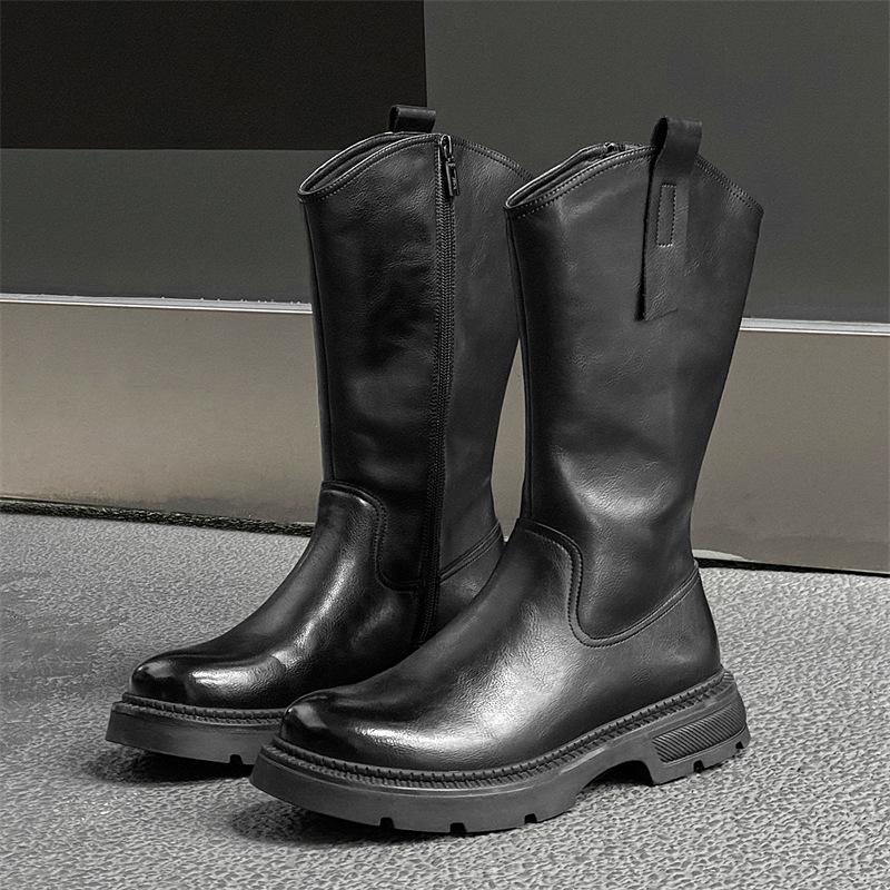 

men s fashion stage nightclub high chelsea chimney boots trendy platform shoes cowboy original leather long motorcycle botas man 270 чёрный