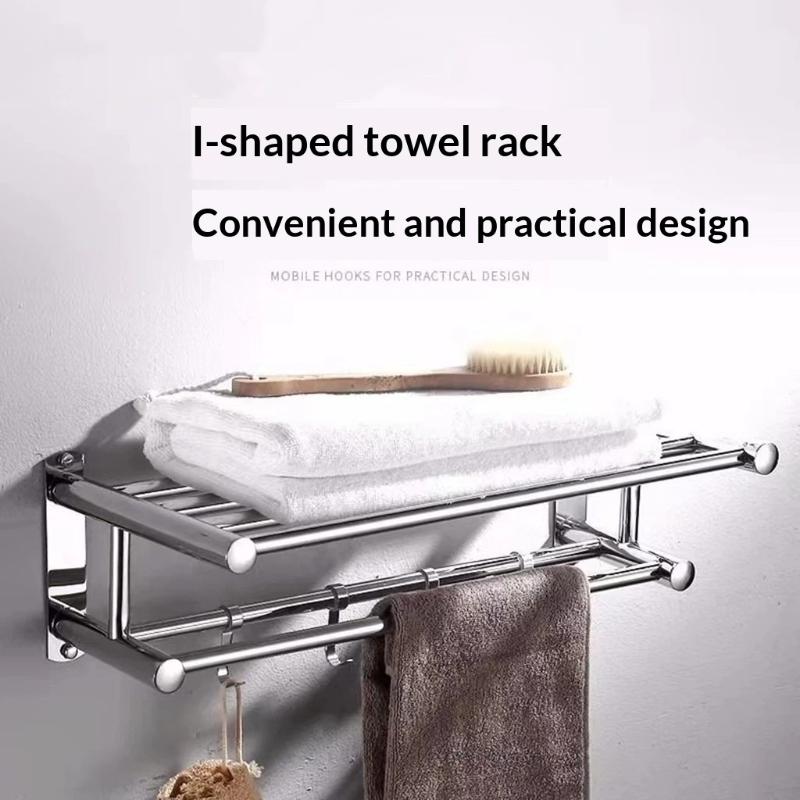 Stainless Steel Towel Rack No Drill Damage Free Storage with Adjustable Hooks for Rental House Bathroom