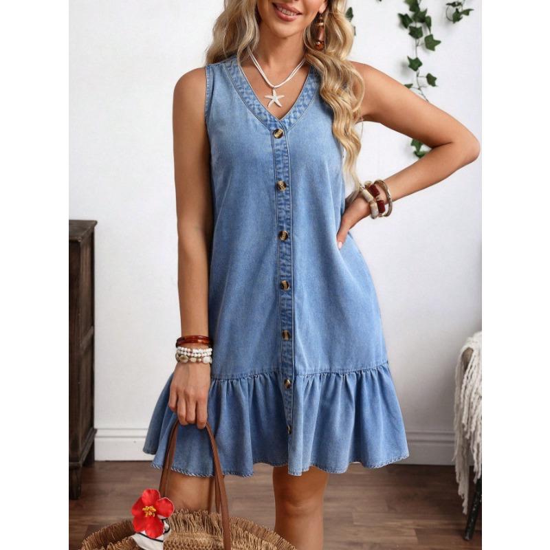 Women s V Neck Sleeveless Denim Button Front Ruffle Hem Casual Dress S
