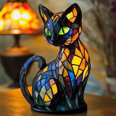 Cat Lamp Stained Resin Glass Night Light Soft Warm Glow 3D Animal-Themed LED Bedside Table Lamp Bedroom Decor
