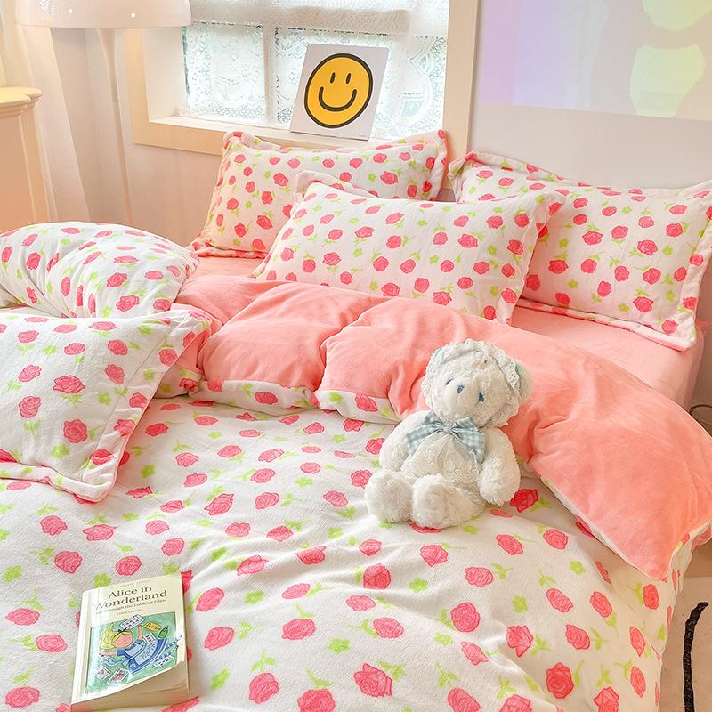 Four Piece Thick Coral Velvet Quilt Cover For Winter Milk Velvet Bed