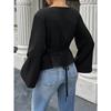 Spring Summer New Women's Solid Color Waist Cinched Boat Neck Flared Long Sleeve T-shirt Casual Fashion Streetwear Top
